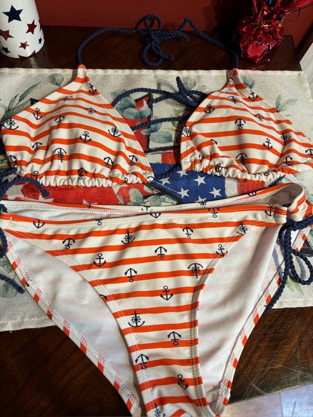 Striped Anchor Bikini Set in red ,White and blue